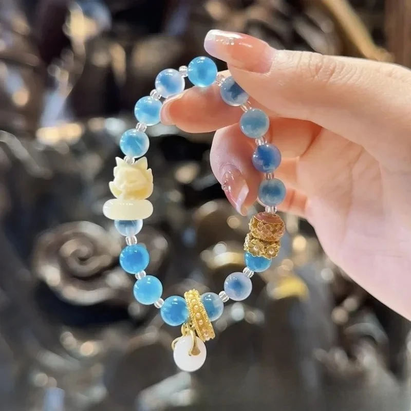 

Temple Buddha Incense Ash Temple Lucky Blue Sugar Heart Nine-tailed Fox Glaze Bracelet White Girlfriend Gift Agate Hand String