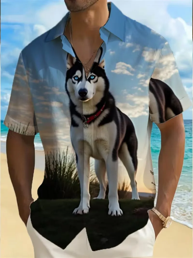 

Men's Funny Pug Surfing Print Hawaiian Shirt Short Sleeve Cartoon Dog Graphic Button Down Beach Shirt For Vacation Party