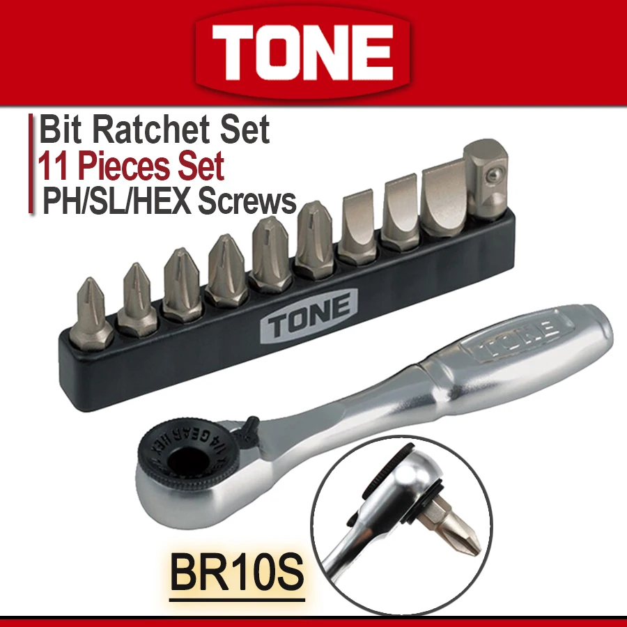 TONE BR10S Bit Ratchet Set Bit Insert 11-in-1Screwdriver Bit Set for Set PH/SL/HEX Screws Hand Tools