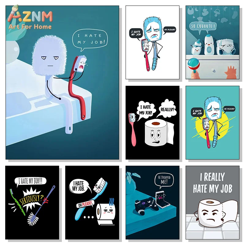 AZNM Funny Cartoon Bathroom Canvas Wall Art Humor Toilet Brush Tissue Print Frameless Canvas Painting Restroom Decor Poster