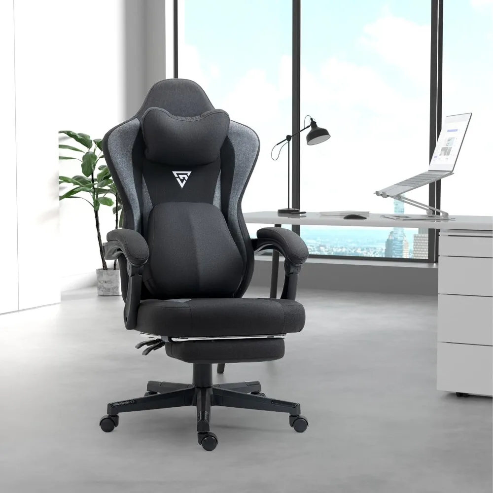 Massage Gaming Chair with Heated Lumbar Support, Breathable Fabric Office Chairs with Footrest and Pocket Spring Cushion