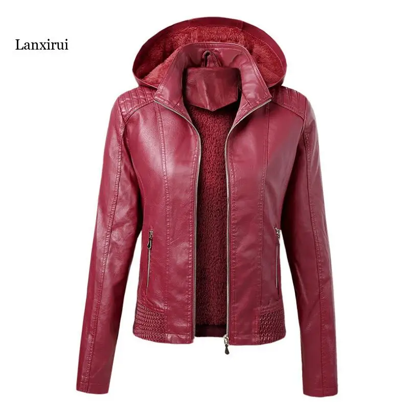 Faux Pu Leather Jackets Women Autumn Hooded Outerwear Pockets Zipper Coat Slim Biker Jacket Hoodies Plus Velvet