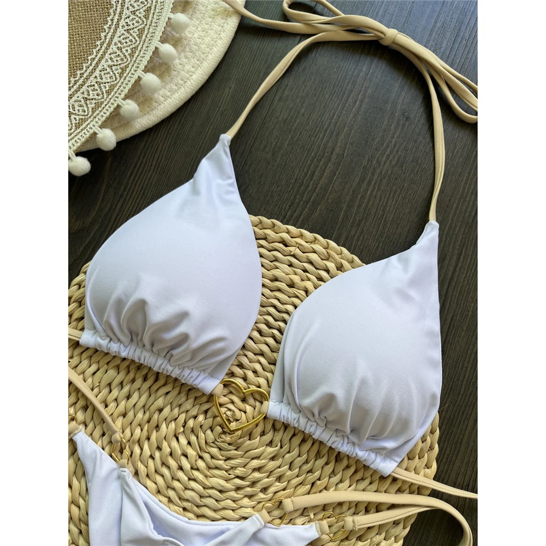 Halter Metall Herzförmiger Mini-Tanga-Bikini Damen-Badeanzug Zweiteiliger Bikini-Set Badebekleidung Badeanzug Schwimmen V6039 – Detail 22
