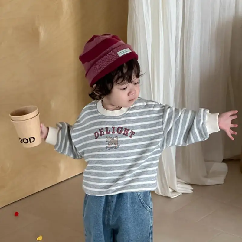 

2025 Autumn New Baby Long Sleeve Striped Sweatshirt Infant Cotton Pullover Cartoon Letter Tops Boys Girls Casual Sweatshirts