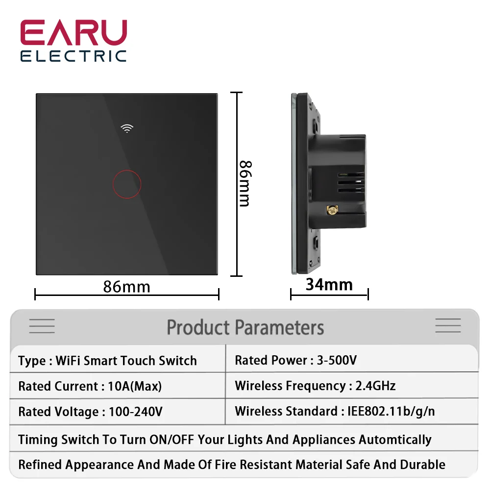 EU Tuya WiFi Smart Light Switch with Glass Panel Touch Sensor Smart Wall Switch with No Neutral Wire Remote Control Google Home