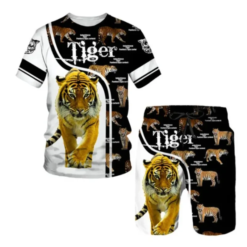 2025 New Summer Men's Set Shorts Set 3D Tiger Print Casual Sportswear Beach Sportswear Short Sleeved Shorts Two-piece Set