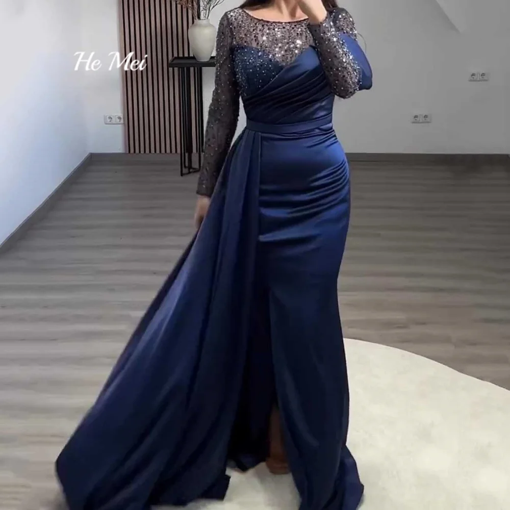 Simple Formal Prom Dresses Satin Long Sleeves Sheath Party Gowns New Satin With Sequined Evening Dress Vestido De Fiesta