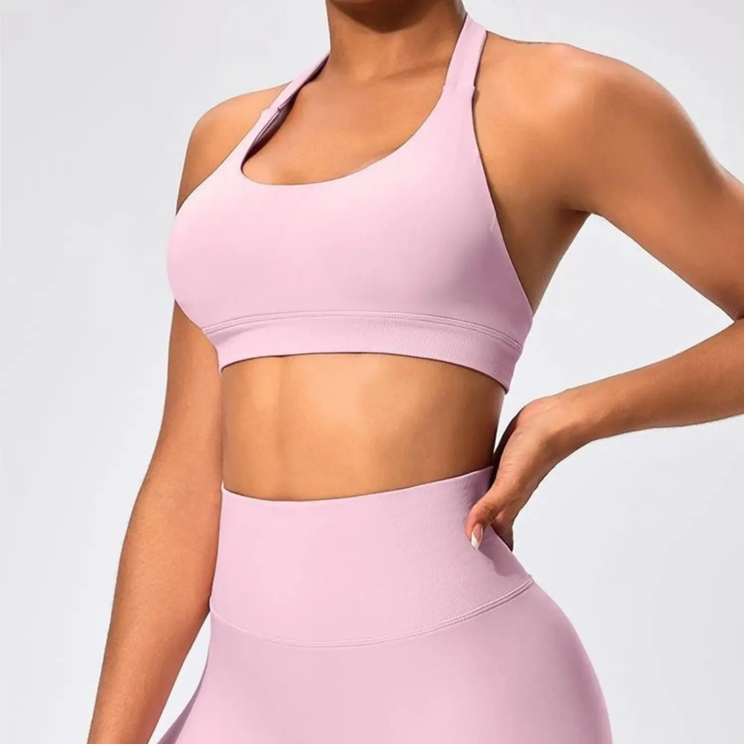 

Sports Bra Women Seamless Halter Neck Strap Padded Open Back Yoga Top Bra Medium Support Gym Crop Top