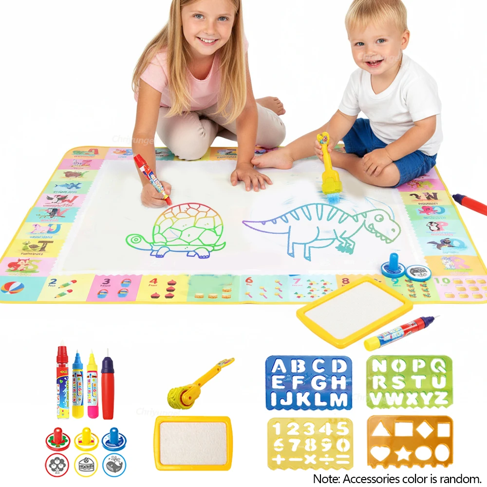No Mess Magic Water Drawing Mat Doodle Board Reusable Educational Toy with Pens & Stamps, Gift for Toddler Boys Girls