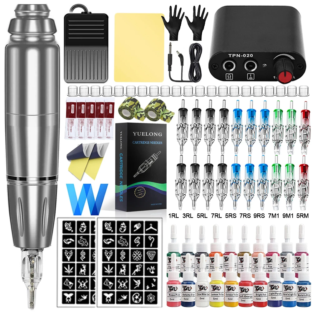 

Tattoo Machine Pen Kit Power Supply Cartridge Pen With Mix Size Cartridges Needles Set for Complete Tattoo Permanent Makeup Kit