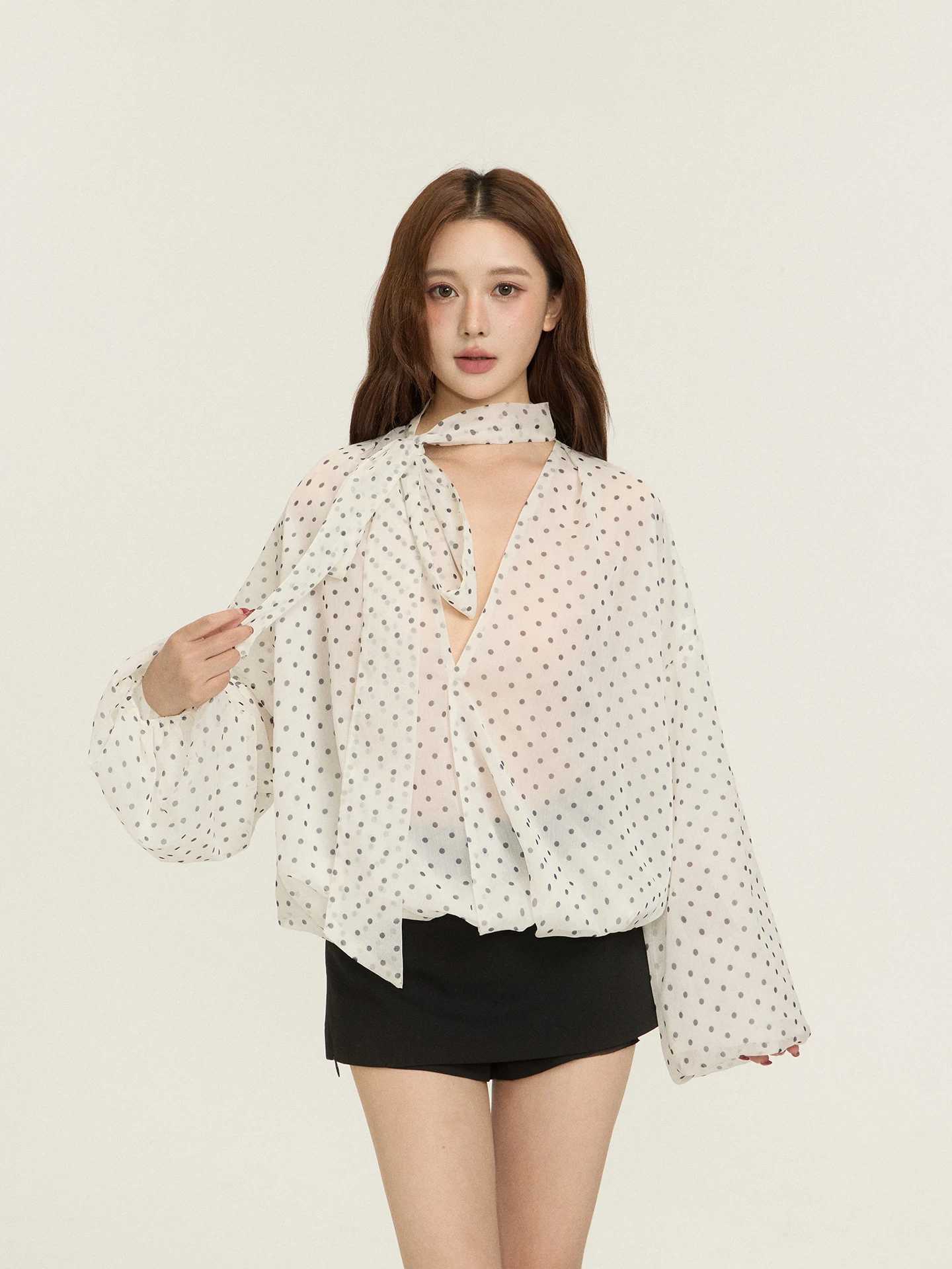 

BULENG Women's Long Sve V-Ne Design Polka Dot See-tough Chiffon Top Casual Loose Sle Ribbon Detailing Slimming Effect