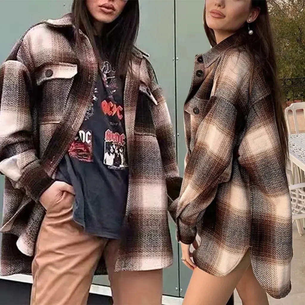 

Brown Plaid Shirt Jacket for Women Autumn Winter Casual Slim Fit Top Versatile Work Clothing Soft Plush Material