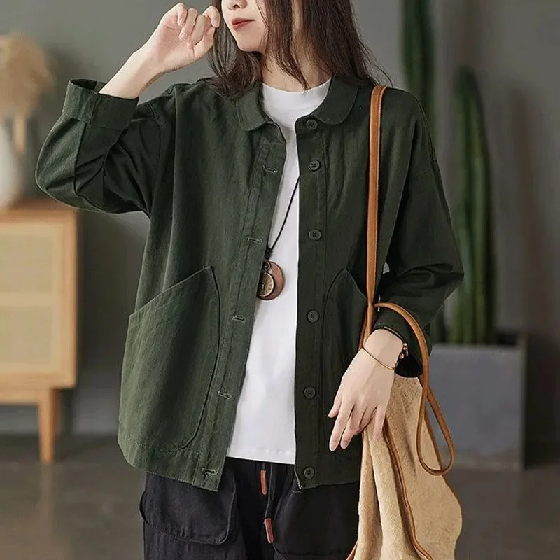 Spring Autumn Women Short Twill Cotton Jacket 2024 Retro Style Female Long Sleeved Large Pocket Coat Lady Loose Leisure Outwear