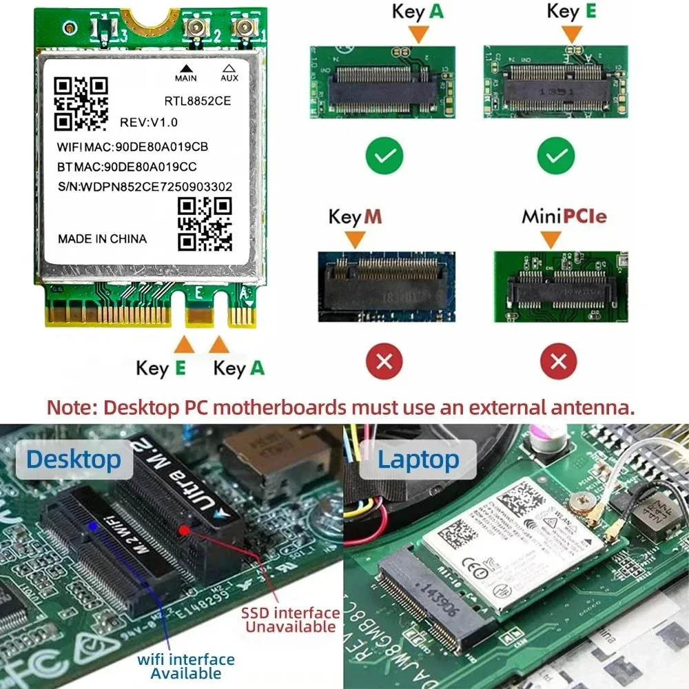 

Сетевая карта Wi-Fi 6E RTL8852CE M.2 5400 Мбит/с 802.11AX Bluetooth 5.3, беспроводной адаптер, трехдиапазонный 2,4/5/6 ГГц для Windows 10/11