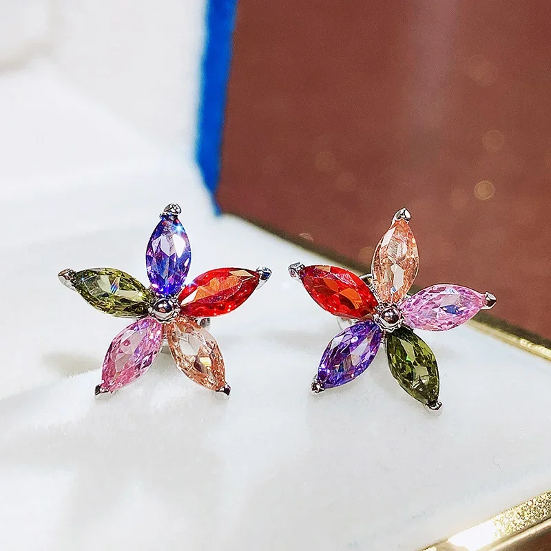 New Delicate Flower Stud Earrings with Shiny CZ 5 Colors Available Fancy Earring Accessories for Women Statement Jewelry Gift