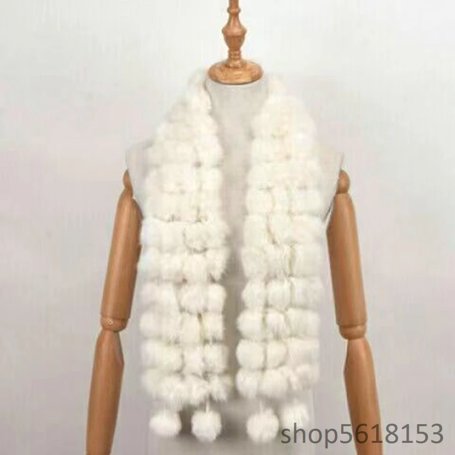 Women's winter warm white real rabbit fur round ball scarf hot selling natural rabbit fur scarf women's 100% genuine leather