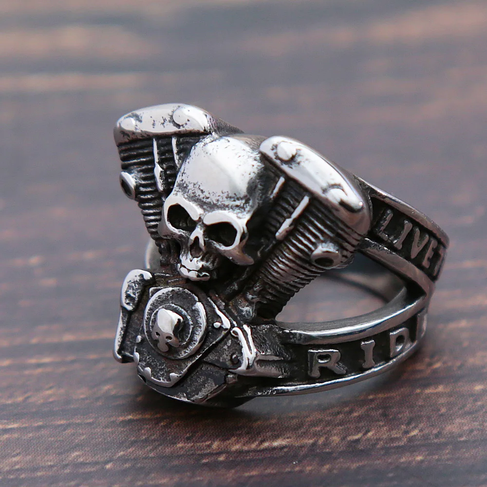 Steampunk Motorcycle Engine Skull Ring For Men Fashion Hip Hop 316L Stainless Steel Biker Ring Fashion Jewelry Gift Wholesale