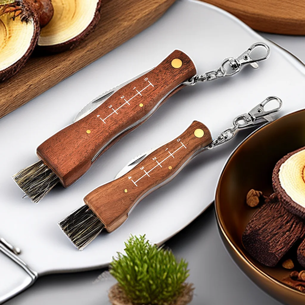 Outdoor Camping BBQ Mushroom Knife With Brush Portable Keychain Sharp Hunting Survival Multifunctional Folding Knife Brushes