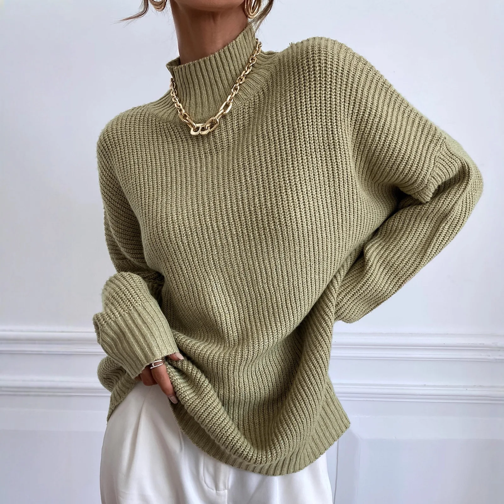 

2025 Autumn Winter Oversized Sweaters Women High Neck Pullover Loose Knitwear Lantern Sleeve Fashion Streetwear Female Tops
