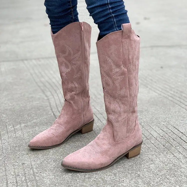 Retro Embroidered V-neck Boots Autumn Winter Brown Coarse Heel Middle Tube Internet Red Knight Boots Short Boots for Women