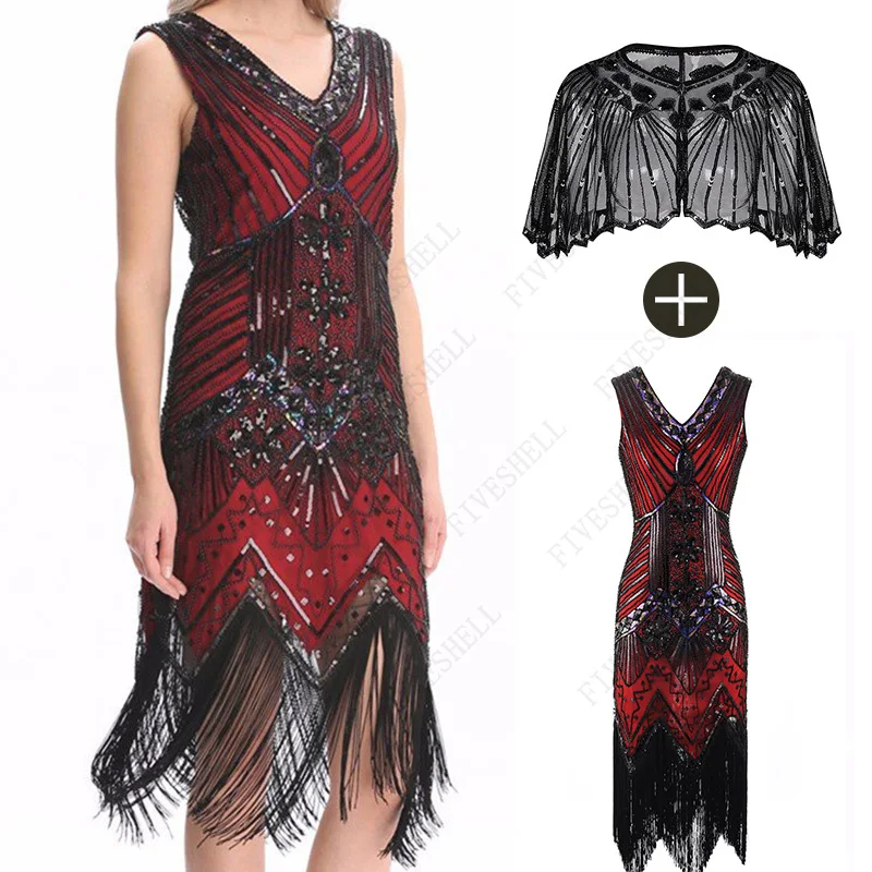 

2 Pcs Set 1920S Women's New Party Sexy Flapper Dresses with Sequins Tassel Shawls