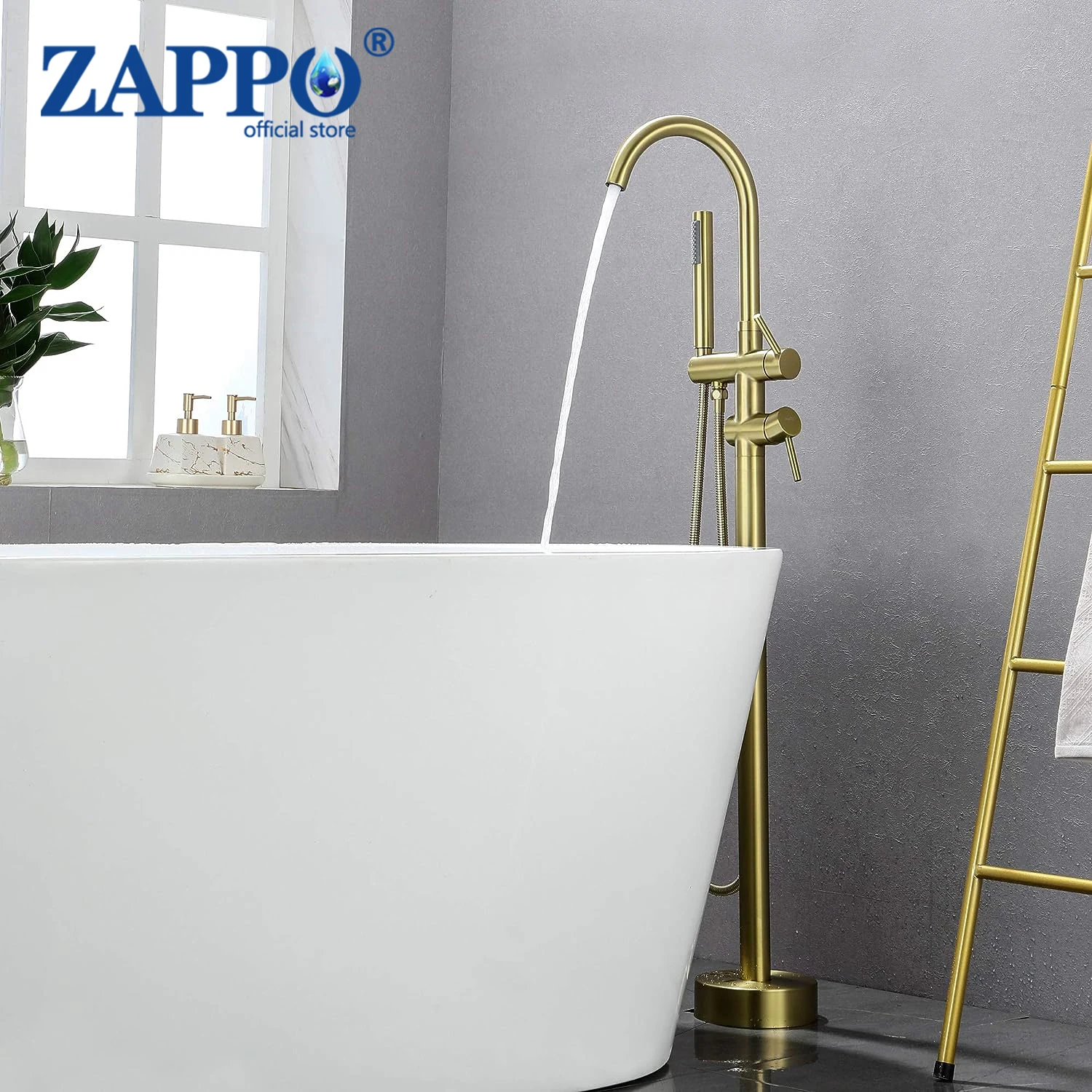 Torneira de Banheira Autônoma Zappo Enchimento de Banheira com Chuveiro de Mão Bico Giratório de 360 ° Latão Dourado Escovado Conjunto de Torneiras de Banheira de Banheiro