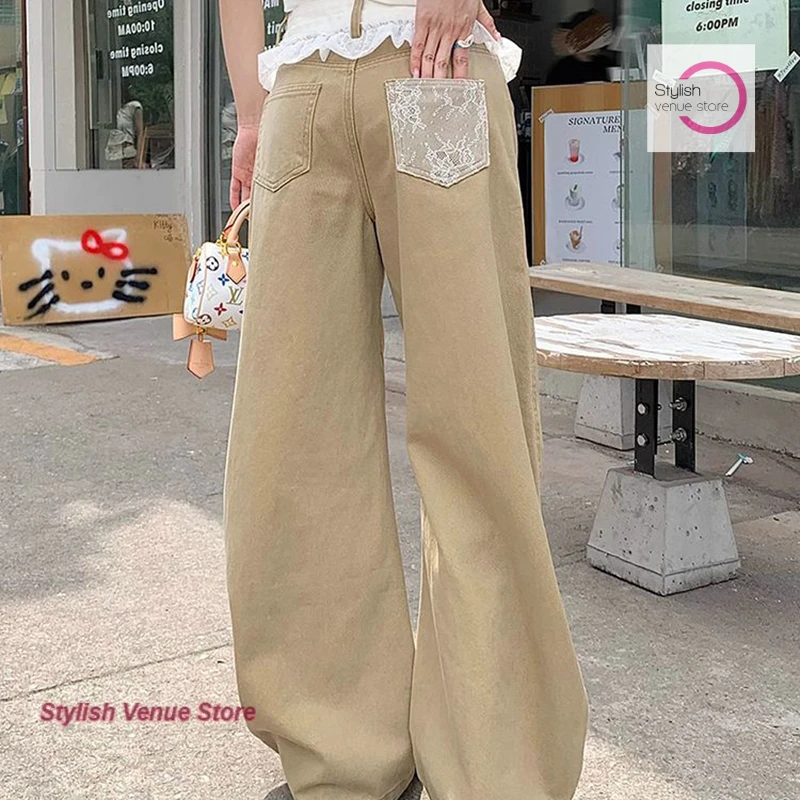 Summer new khaki lace stitching jeans female French fashion temperament high waist slim high waist design wide-leg pants.