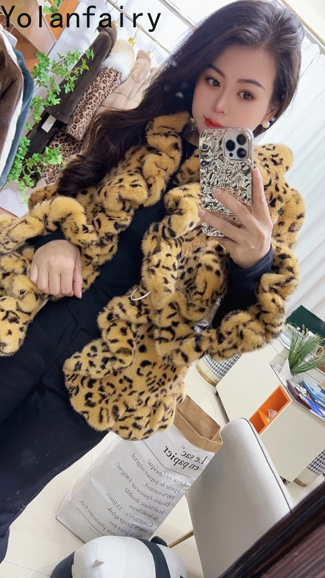 YOLANFAIRY 천연 밍크 리얼 퍼 코트 여성 의류 겨울 2025 패션 레오파드 숏 퍼 코트 밍크 재킷 웨이브 엣지