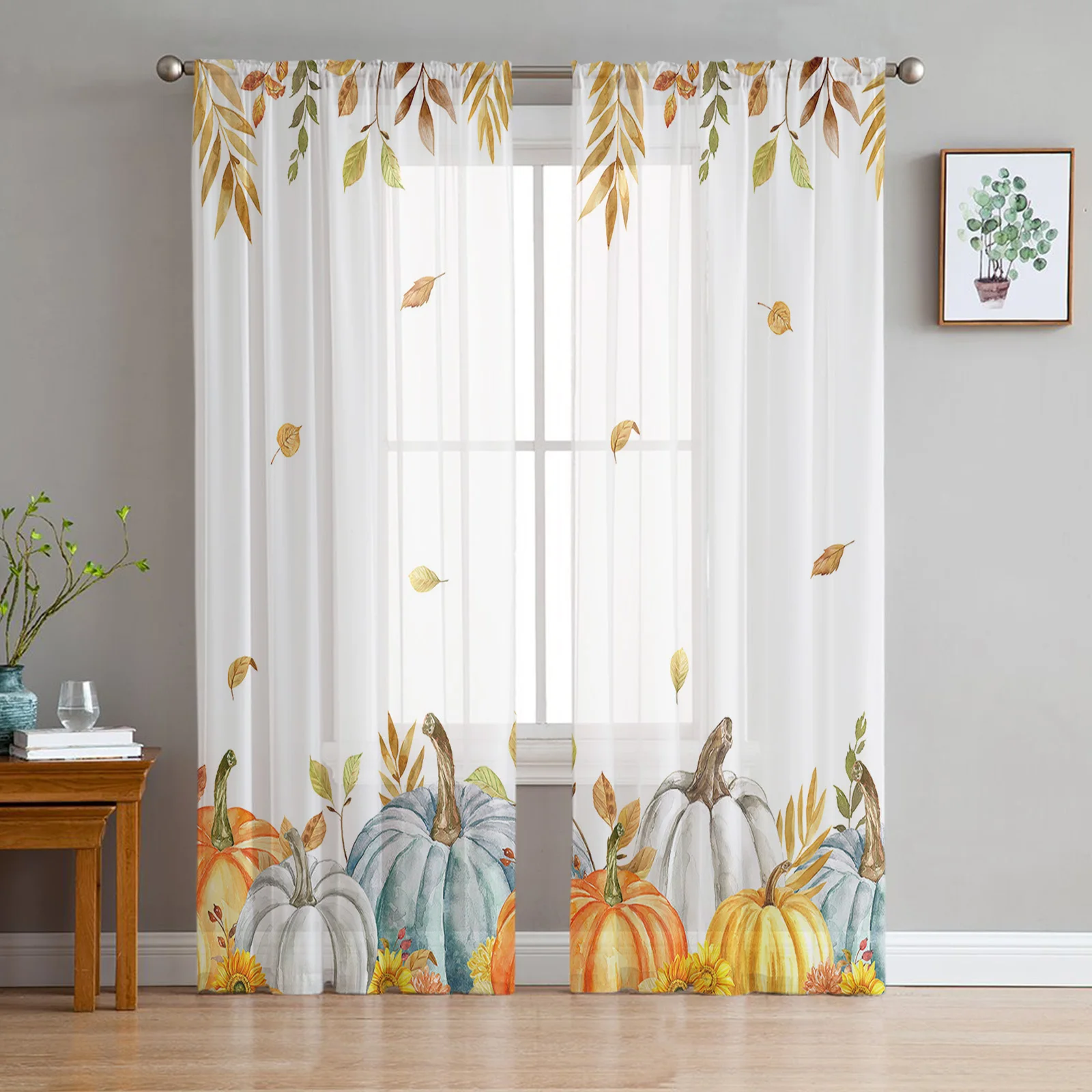 

Thanksgiving Pumpkin Autumn Leaves Voile Curtains for Bedroom Tulle Window Curtain for Living Room Sheer Curtains Blinds Drapes