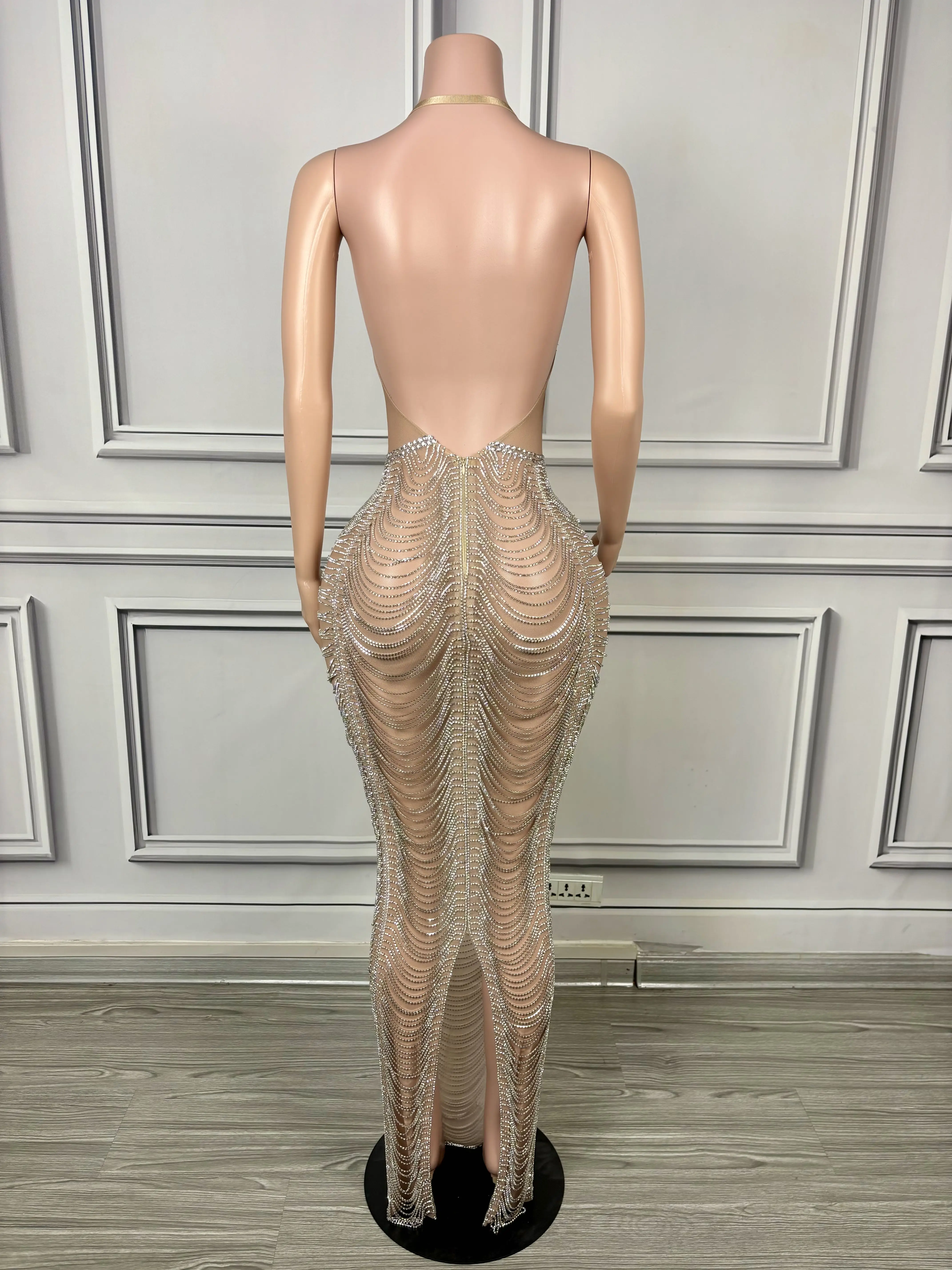 Luxurious Silver Crystals Chains Backless Sexy Dress Birthday Celebrate Outfit Prom Rhinestones Stage Nude Dresses xianjing