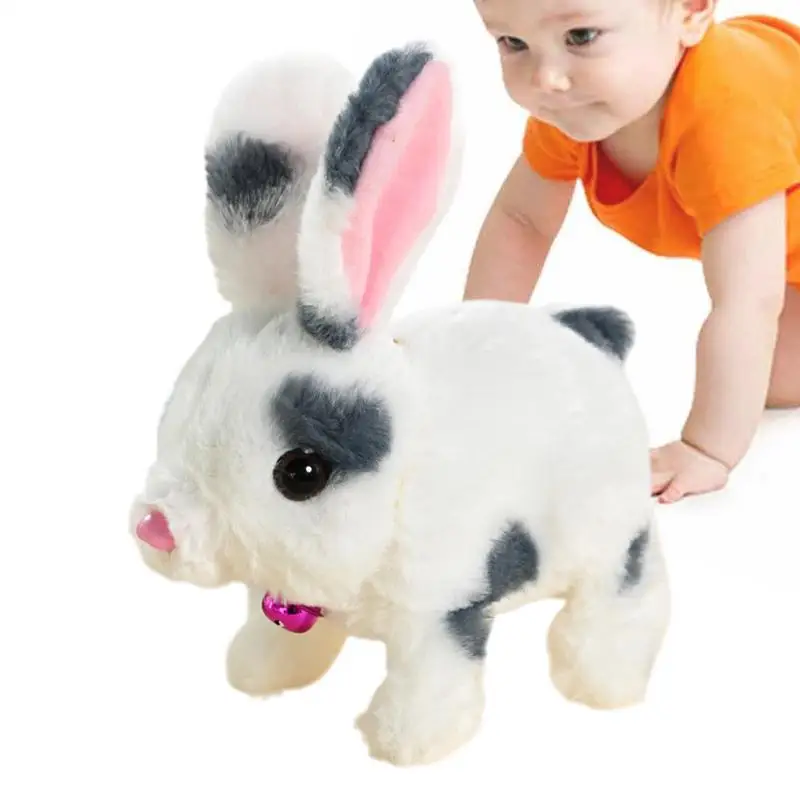 Conejito de juguete realista, conejo electrónico de peluche de 6 pulgadas, peluche de Pascua punteado con campana para caminar y sacudir las orejas, conejito relleno de Pascua