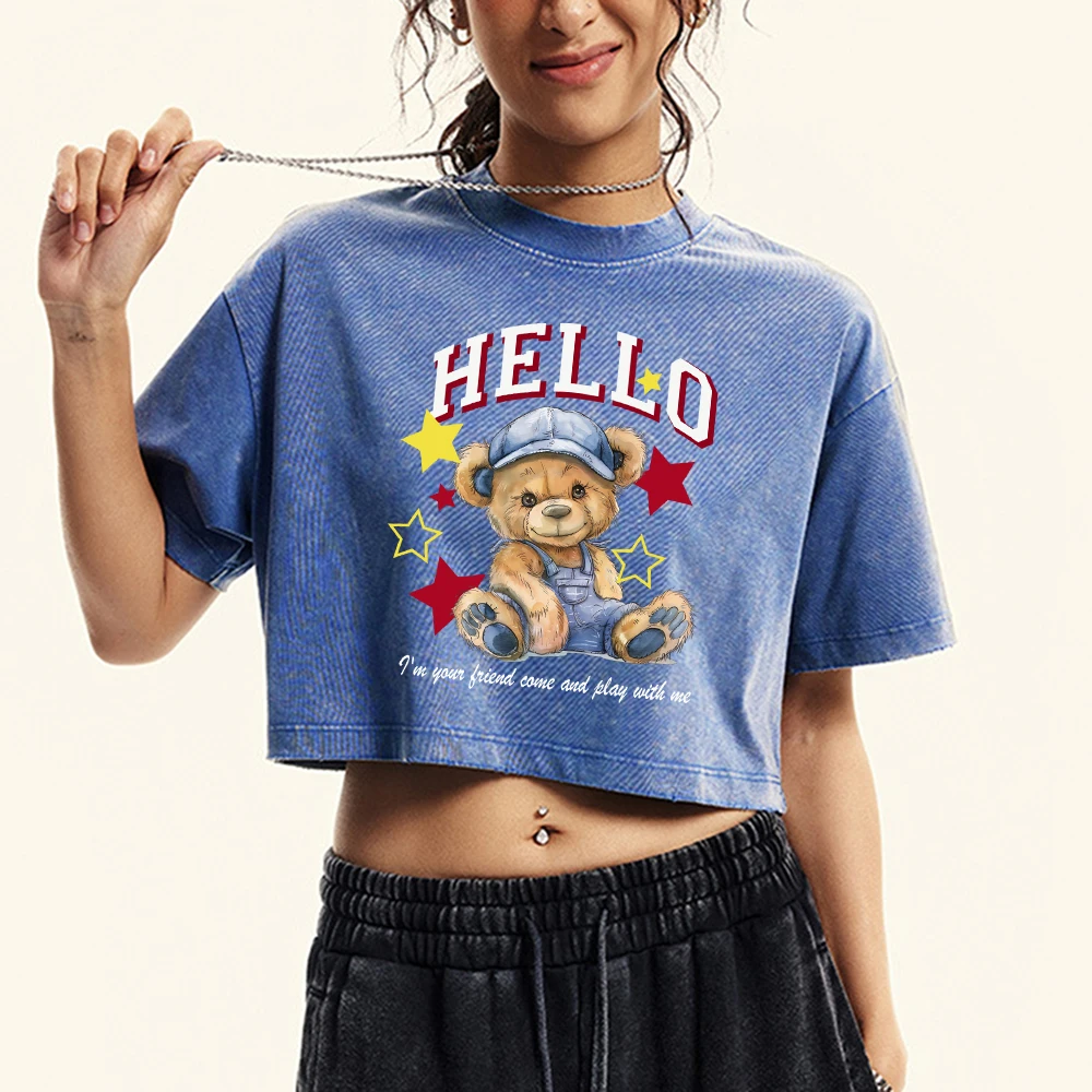 

Hello Star Cartoon Bear Prints Washed Crop T Shirt Female Summer Cotton Clothes Retro Fashion Tee Top Casual Crewneck T-Shirts