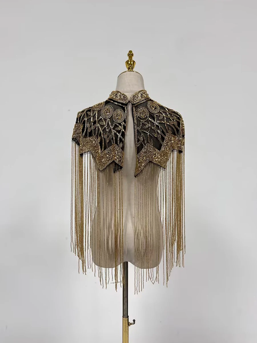 CHICEVER Patchwork Gold Color Tassel Shawl for Women Stand Collar Spliced Diamonds Hollow Out Loose Jacket Female Fashion New