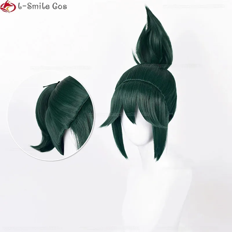Wig Cosplay Kiriko One-Piece Hair Tail Game OW Kiriko Cosplay 27cm Wig Hijau Tua Perlengkapan Senjata Topeng Jepit Rambut + Wig Cap