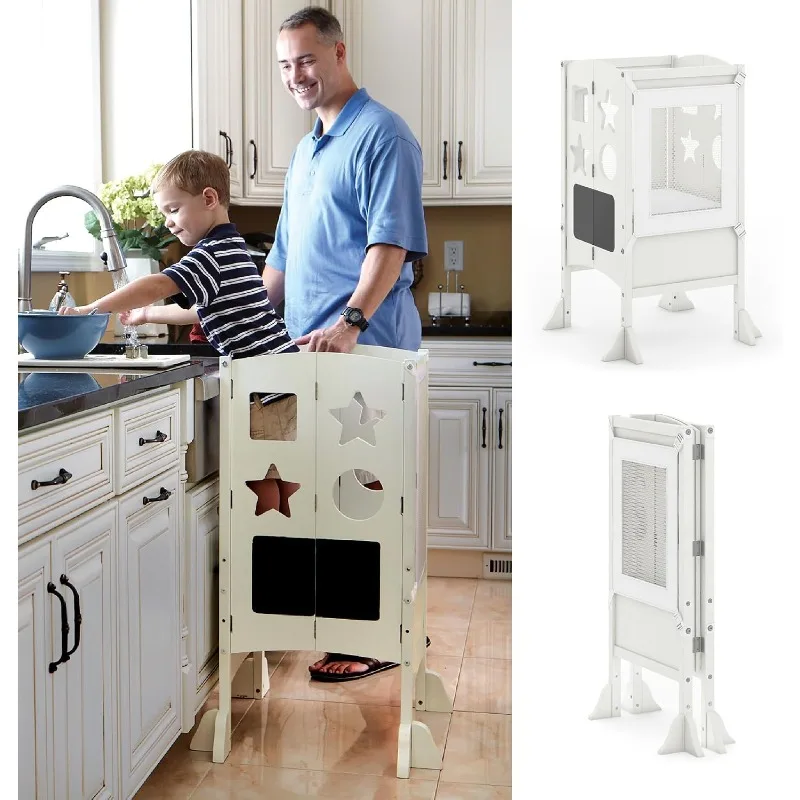 Guidecraft Classic Kitchen Helper® Stool - Ivory: Foldable Toddler Tower with Adjustable Height Platform | Premium Learning