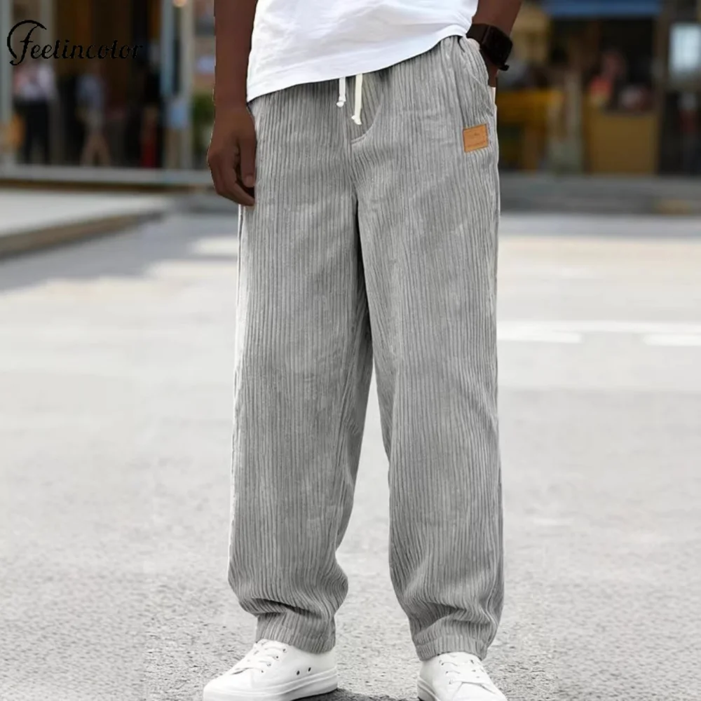 

Fashion Men's Corduroy Pocket Pants Retro Drawstring Loose Trousers Straight Casual Sportswear Spring Mid Waist Male Bottoms