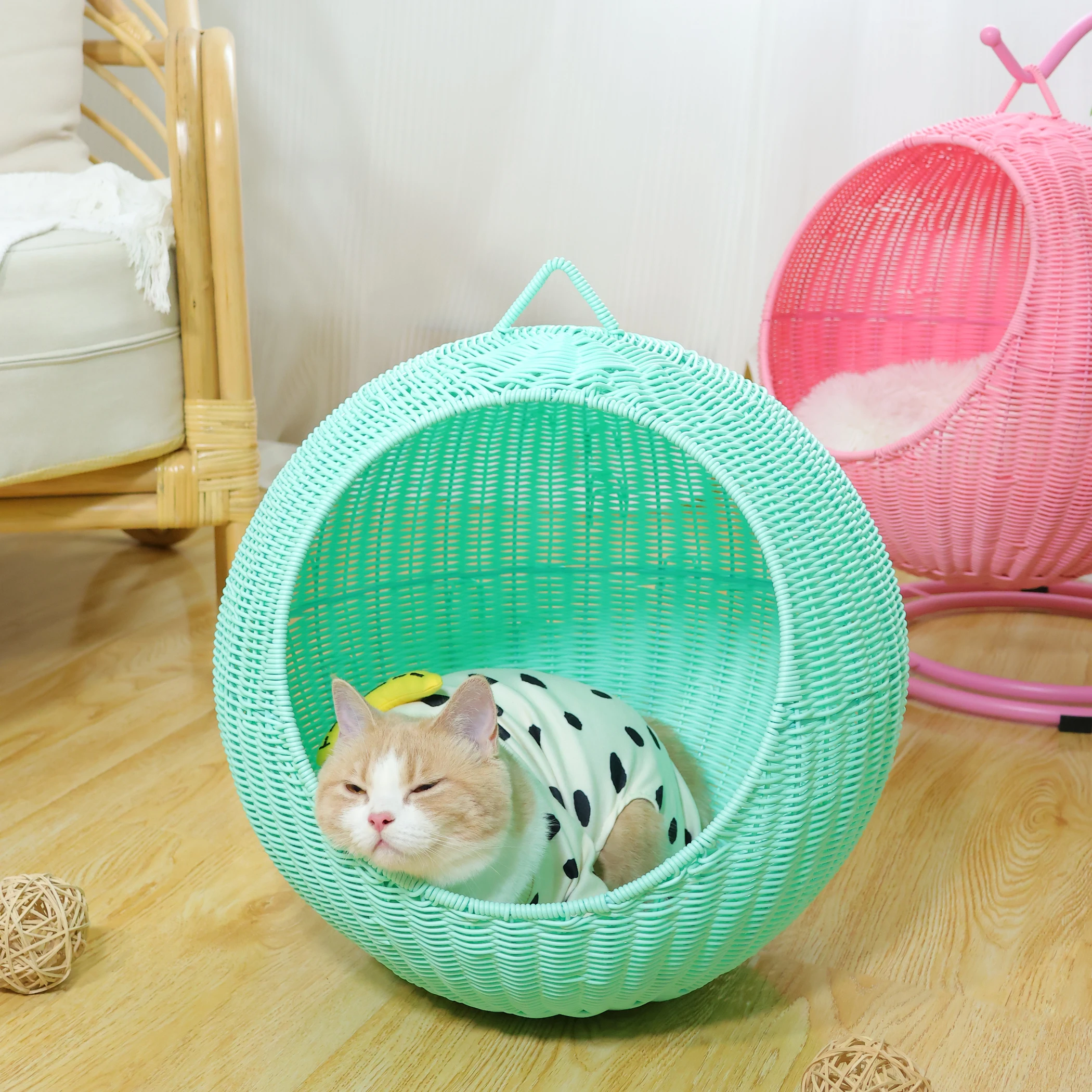 

XH Novelty Plastic Rattan Handwoven Hanging Hammock Egg Lounge Chair Pet Cage Soft Deep Cushion with Hammock Stand for Cat Dog