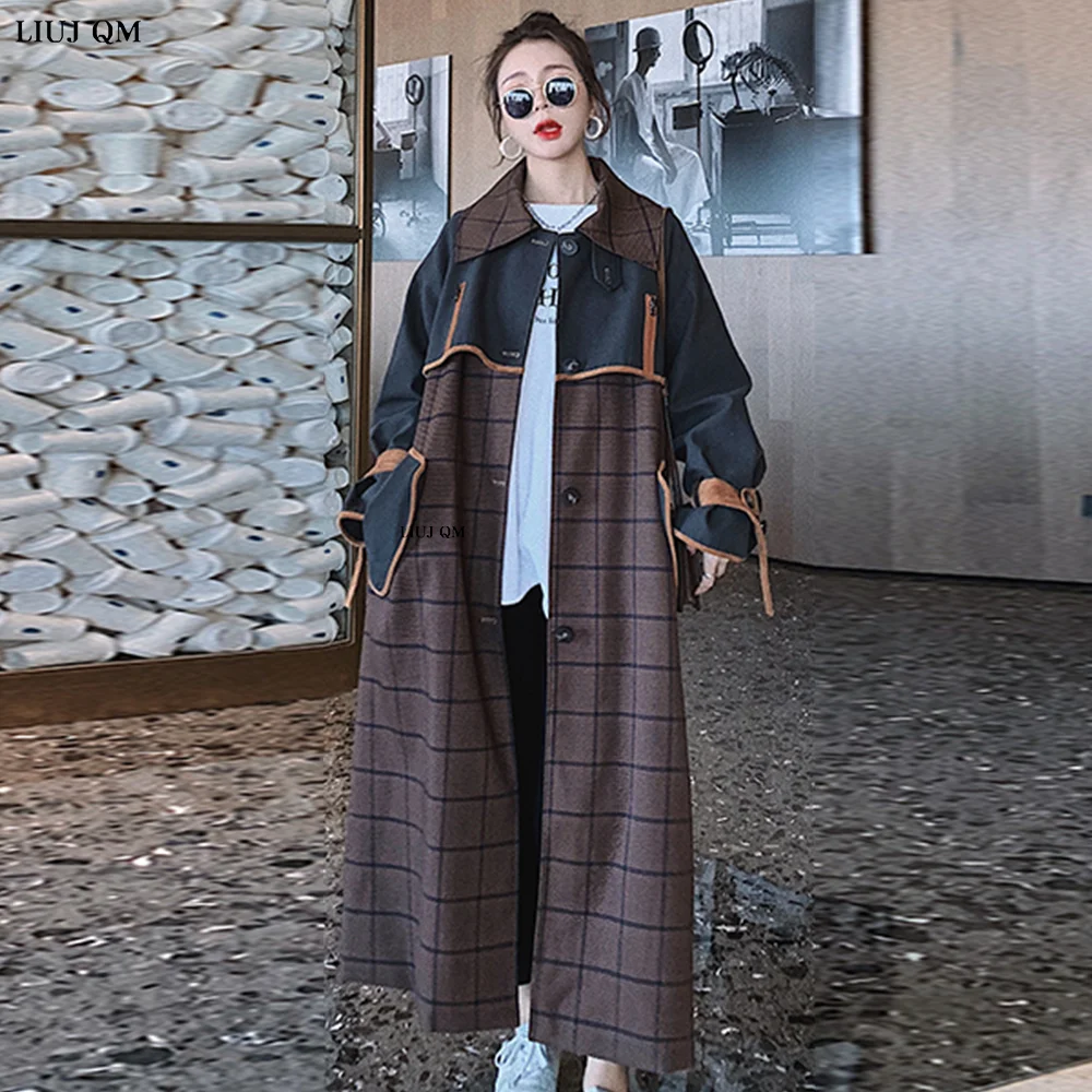 

Korean Fashion Lattice Trench Coat Woemn Loose X-Long Windbreaker Loose Spring Autumn Overcoat Female Outerwear With Belt 2023