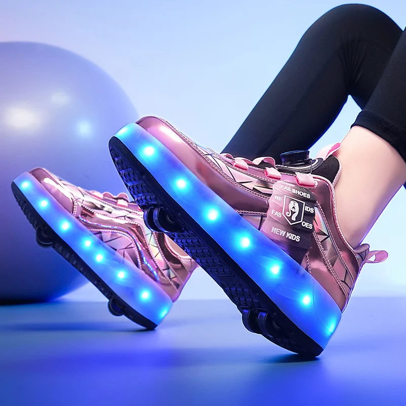 Boys Girls USB Rechargeable Luminous Casual Sneakers LED Light Wheel Kids Outdoor Parkour Roller Skates Flash lamp shoes