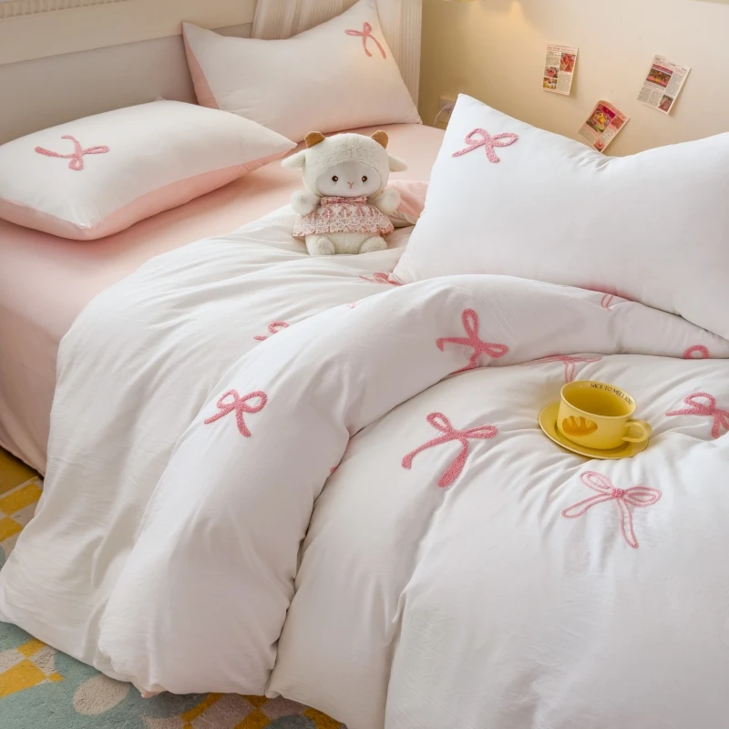 Juego de sábanas de 3 piezas, funda nórdica con bordado de lazo rosa, cómodo juego de cama, colcha para todas las estaciones