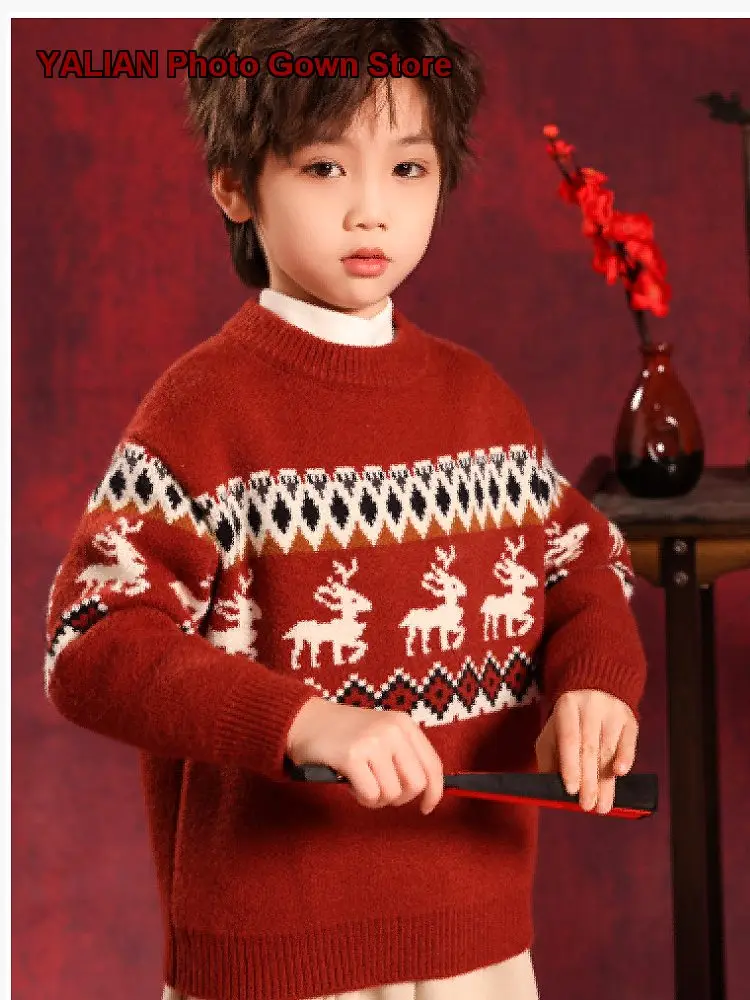 Boys Thickened Autumn Winter Knit Top with Fleece Lined for Festive New Year Celebrations Kids