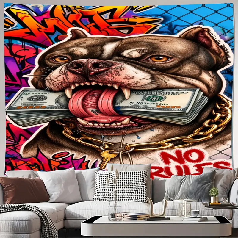 Graffiti Pitbull Dog Tapestry Wall Art Hanging Pop Culture Street Style Money Decor Print Modern Living Room House Decor