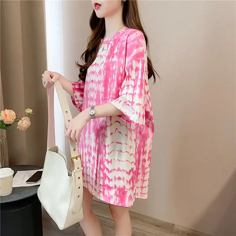 Women's Clothing Spring Summer New Trend Korean Print Short Sleeve T-Shirt Midi Length Loose Stylish Casual Top