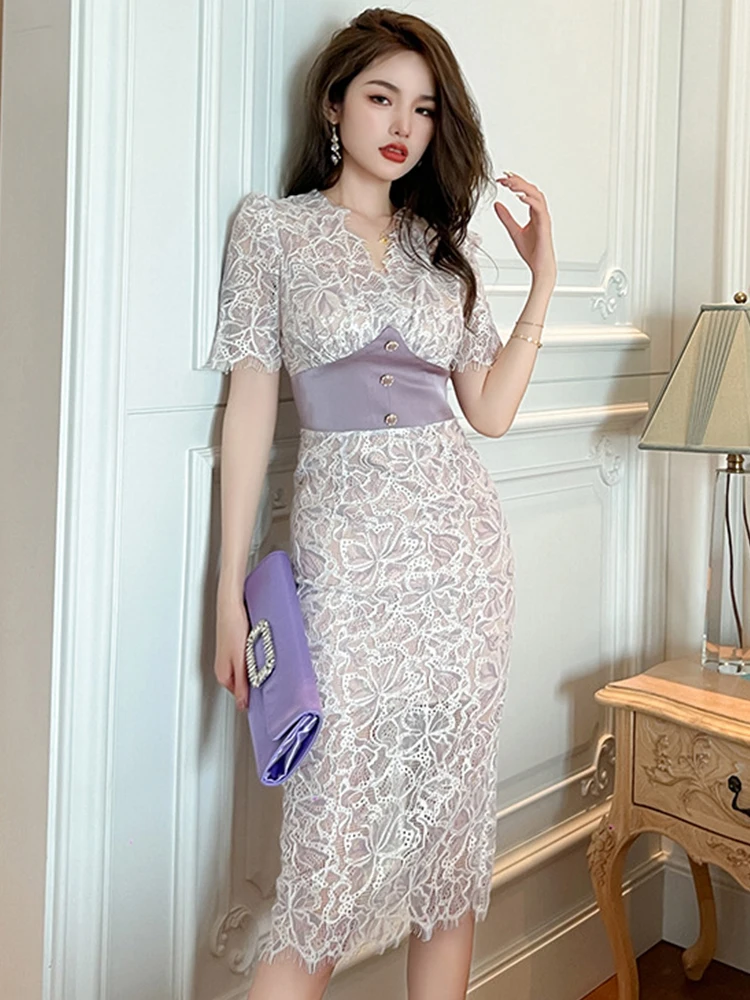 Neue Sommer Elegante Frauen Abendkleid Temperament Spitze Sheer Sexy V-ausschnitt Korsett Schlank Midi Party Club Prom Femme Mujer Vestidos