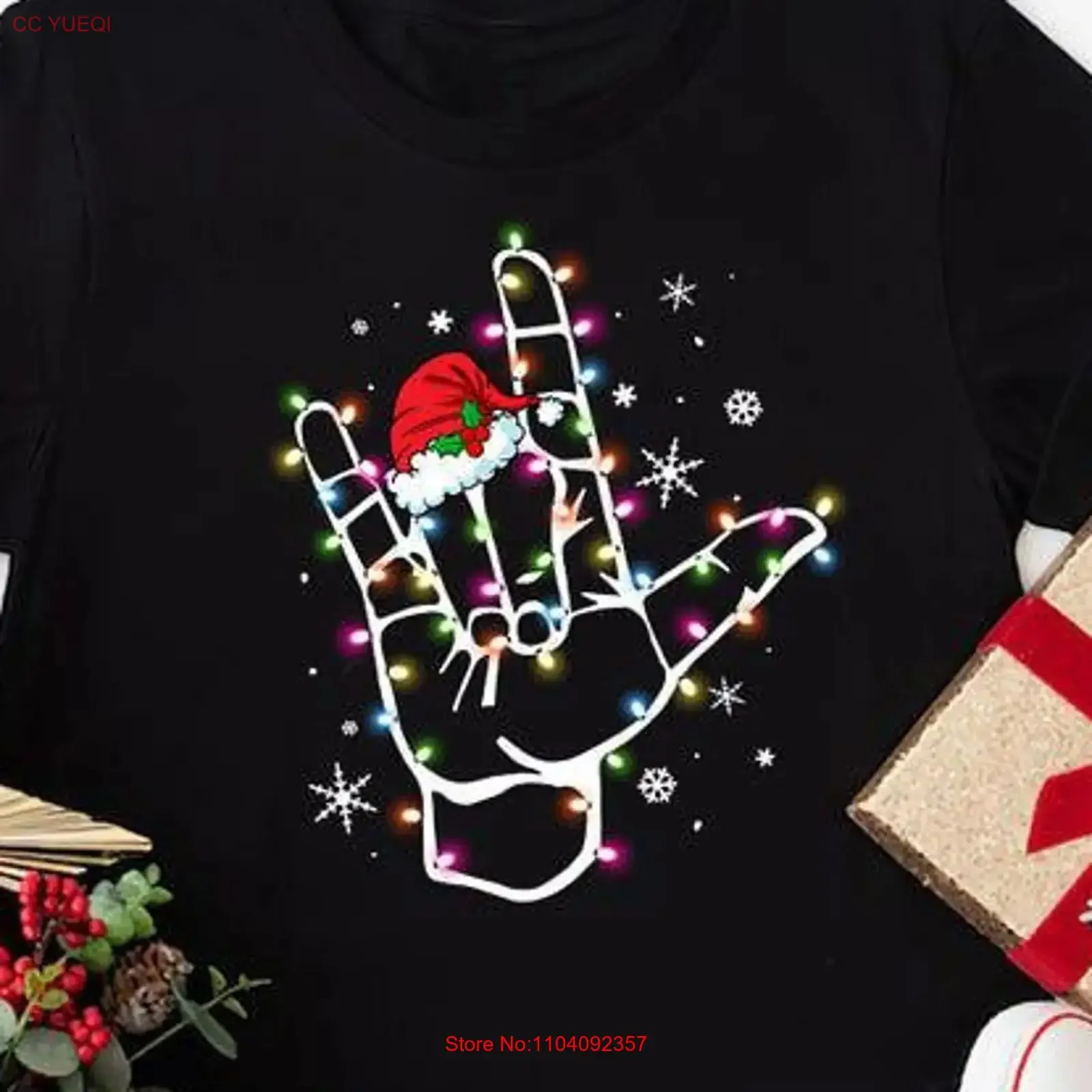 Lenguaje de signos Gorro de Papá Noel Camiseta ASL Lights Navidad vintage Lavado Versátil Moda Suave Unisex streetwear Estirado