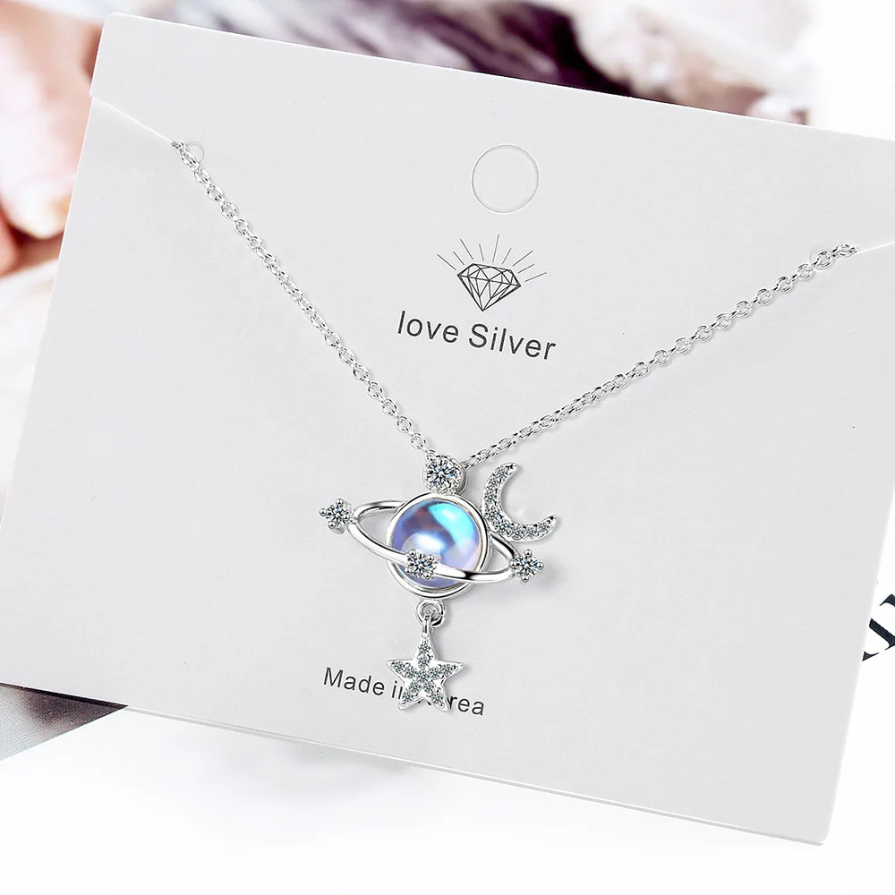 925 Sterling Silver Women  Universe Star Moon Crystal Chain Pendant Necklace For Women Jewelry Accessories Trend 2024