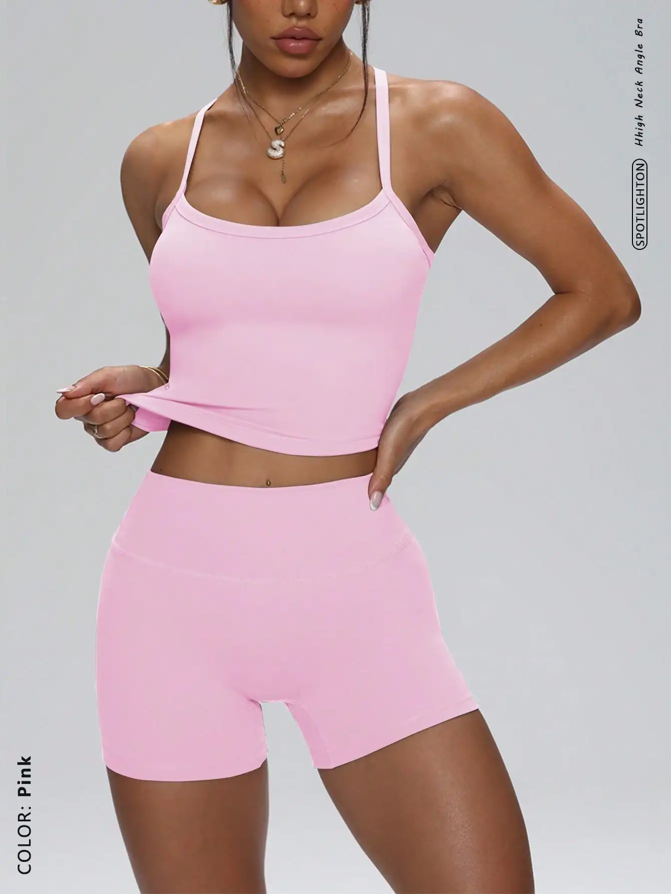 

FWH Minimalist Functional Sports Bra With Removable Pads & High-Waist Shorts Set, 2pcs. Nude-Feel Fabric Suitable For Fitness/Daily Wear, X-Back Design, Adjustable Padding, 4-Way Stretch, Compression Waistband