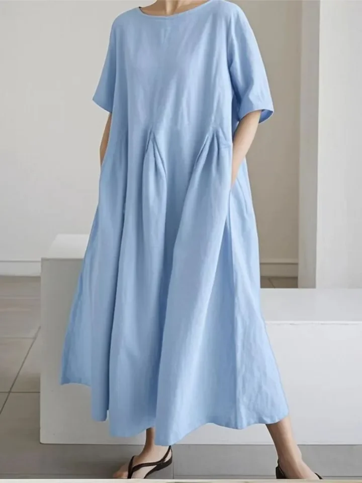 فستان فضفاض غير رسمي للنساء موضة كم قصير رقبة دائرية فساتين رداء نسائي عطلة مكتب ملابس نسائية صيف جديد 2025