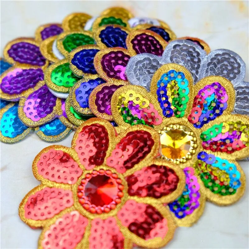 2PCS/Lot 7.5cm Glitter Flower Patch DIY Iron On Stickers for Sweater Dress Shirt Sewing Fabric Appliques Handmade Badge