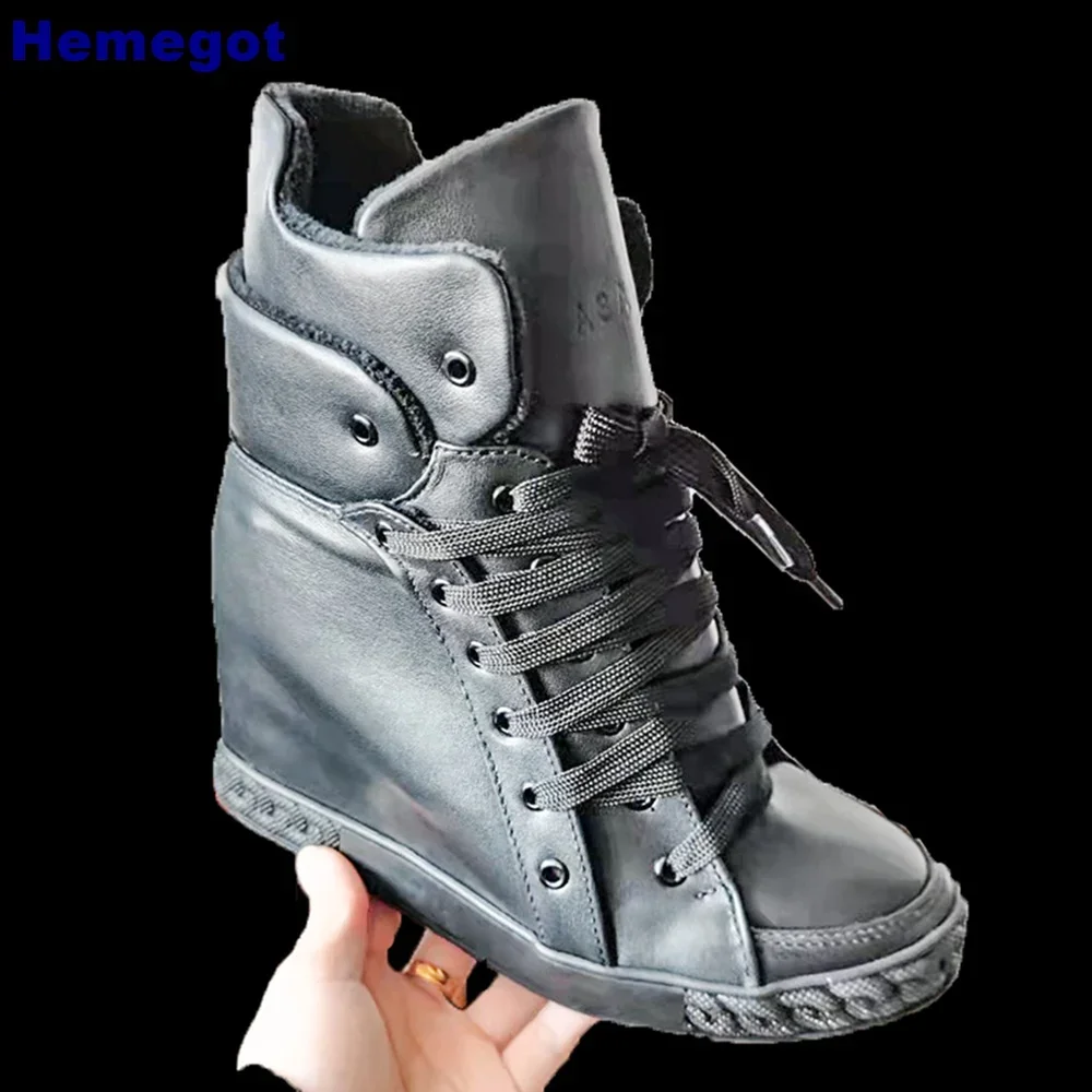 New Genuine Leather Women's Casual Boots Thick Sole Round Toe 2024 Autumn Winter Street Heightened Shoe 35-41 Lace Up Snow Boots